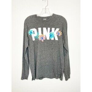 PINK Long Sleeved Heathered Gray  T-shirt Floral Hibiscus Size Medium